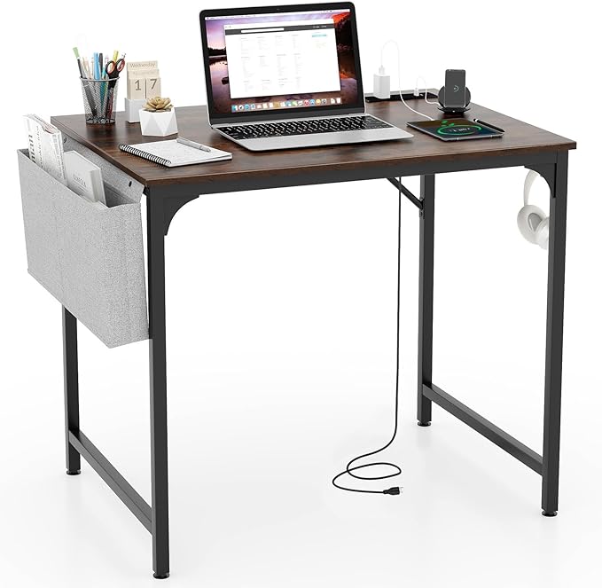 COSTWAY Home Office Desk 32 Inch Computer Desk with Recessed Power Strip Storage Bag &amp Headphone Hook Wide Desktop Modern Computer Workstation Writing Table for Home Office (Rustic Brown + Bl