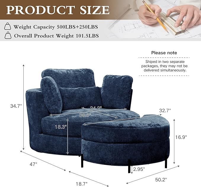 Chifee &amp Vingol Swivel Accent Chair with Ottoman 50.2 Round Swivel Chair Storage Ottoman &amp Pillows 360° Barrel Chair for Living Room Bedroom OfficeChenilleNavy