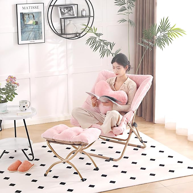 Comfy Saucer Chair with Ottoman Oversized Folding Faux Fur Chair Soft Furry Lounge Lazy Chair with Metal Frame Moon Chair Accent Chair for Bedroom Living Room Dorm Rooms