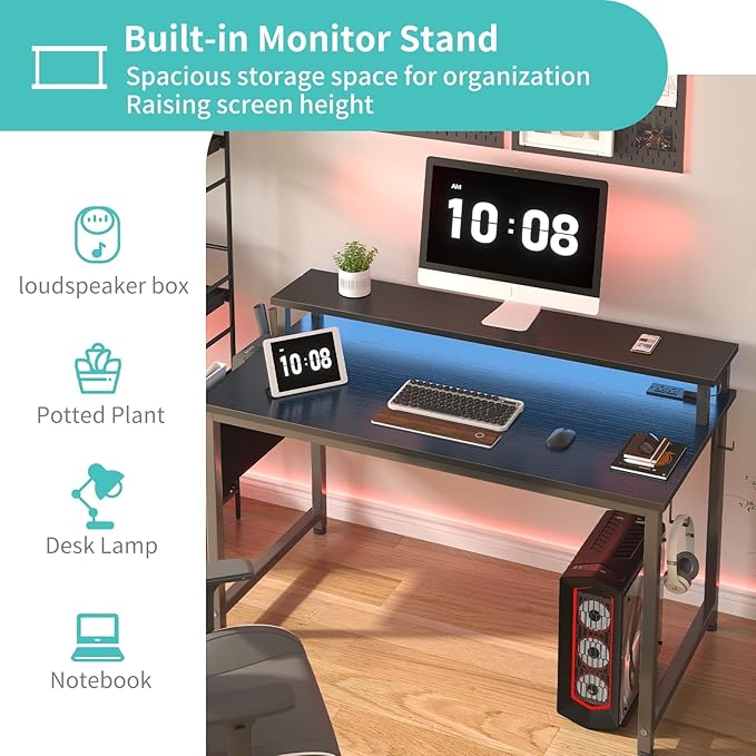 Lufeiya Black Gaming Desk with LED Lights and Power Outlets 40 Inch Teen Writing Study Table Home Office Desks with Monitor Stand Computer Desk with Charging Station USB Port Black