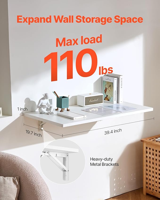 VEVOR Wall Mounted Folding Table 39.4 x 19.7 inches Wall Mount Table Floating Desk with Iron Bracket for Small Spaces Home Office Dining Laundry Room Kitchen Bar White