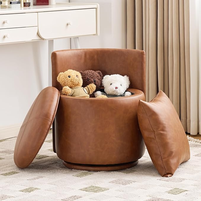 360° Swivel Vanity Chair with Storage PU Leather Round Storage Ottoman with Pillows No Assembly Modern Comfy Makeup Stool for Bedroom Dressing Living Room (White)