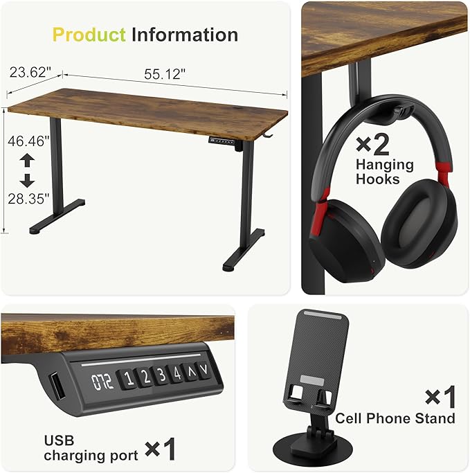 Furmax Electric Standing Desk 55 x 24 Inches Sit Stand up Desk Sit Stand Height Adjustable Home Office Desk with 4 Height Position Memory - with Splice Board (Rustic Brown 55)