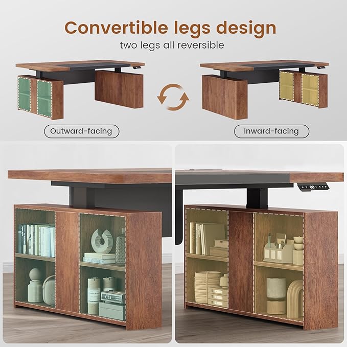 SEDETA 63 Executive Standing Desk with Storage Executive Height Adjustable Desk with Power Outlets Large Computer Office Desk with Privacy Panel for Home Office Warm Golden Brown
