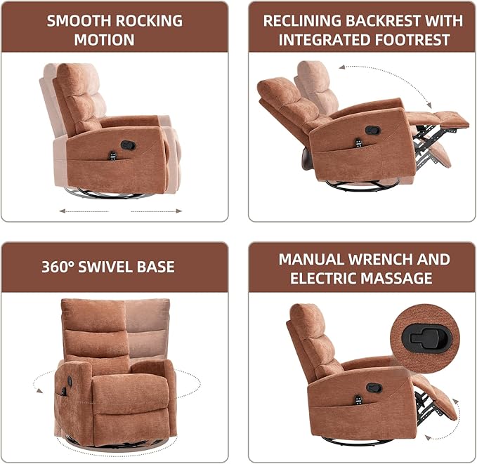 PELUMY 360° Swivel Rocker Recliner with Heat &amp Vibration Massage Glider Rocking Chair for Adults Compact Recliner for Living Room Small Spaces Nursery Bedroom (Chenille Orange)