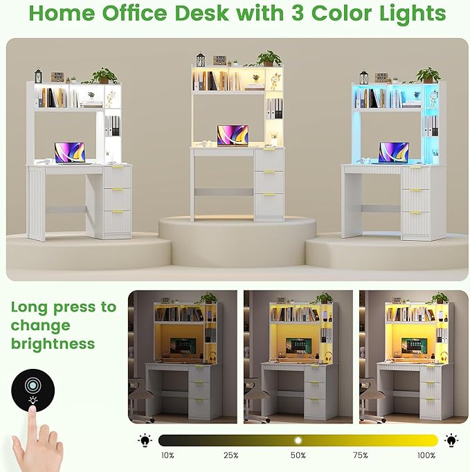 HNEBC Home Office Desk with Hutch and Drawers - 39 Standing Computer Desk with Charging Station&amp3 Color LightsHidden Compartment &amp Fluted Panel Design LED Writing Desk for Bedroom Study (W