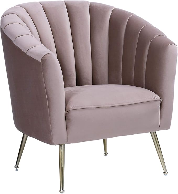 Manhattan Comfort Rosemont Velvet Accent Armchair Scalloped Chair with Mid-Century Modern Shell-Style with Wraparound Back Vertical Channeling Ideal for Living Room Use Set of 1 Blush
