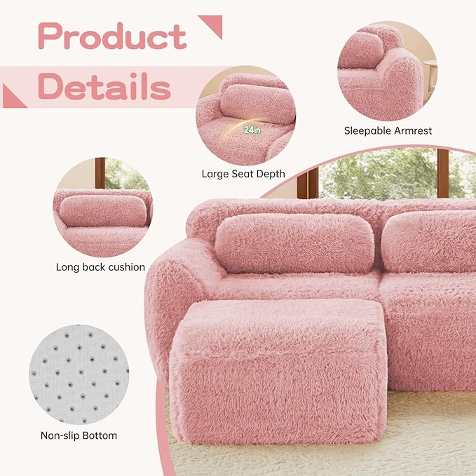 114 Modern Modular Boneless Sectional Couches for Living Room 3 Seater Deep Seat Compressed Sofa No Assembly Required Plush Fabric Fabric Cloud Comfy Sofa Set Pink