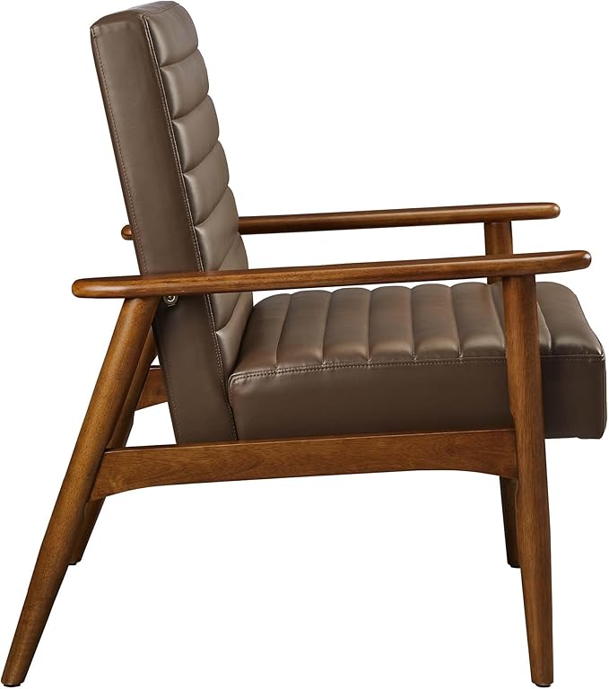 Modway Jensen Vegan Leather Accent Chair in Walnut Brown - Mid-Century Modern Armchair with Solid Wood Legs &amp Armrest - Upholstered Faux Leather Single Side Chair - Reading Chair for Living Room