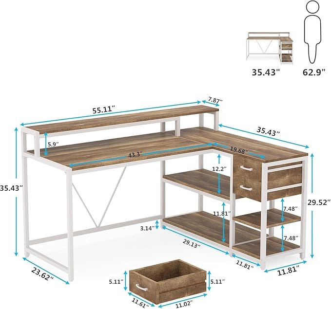 55 L Shaped Office Desk with Drawers &amp Storage Reversible Executive Office Desk with 4 Shelves Large Corner Computer Desk with Elevated Monitor Stand for Home Office Gaming (White+Oak)