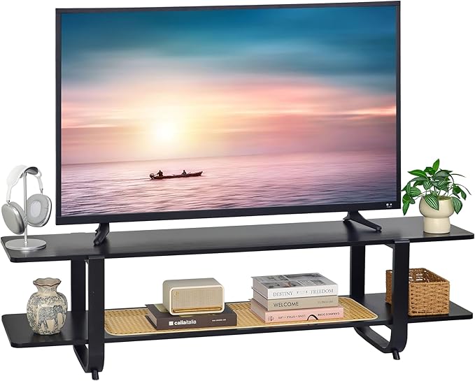Bamboo TV Stand for TVs up to 65 Accent Entertainment Center with Storage Media Console Table with Shelf Modern TV Stand for Living Room Bedroom 54.3(L) Black