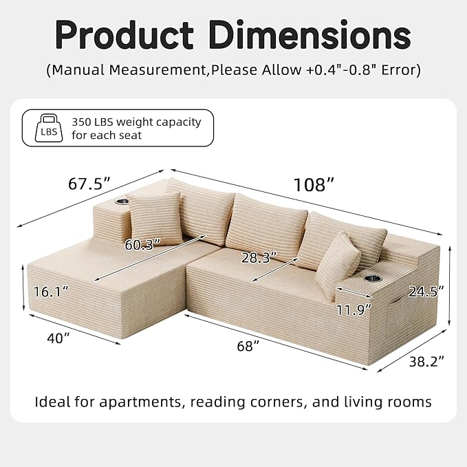 Bashaw 108 Modular Sectional Sofa Couches with Chaise L-Shape Boneless Couch Deep Seat Upholstered Boneless Sectional Couch for Living Room (Beige 108 Left Facing Chaise) | Sectional Boneless L-