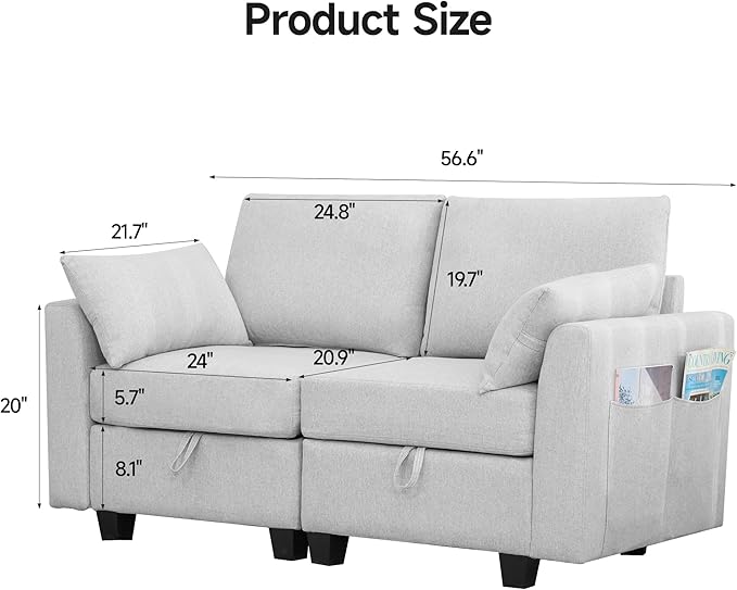 Convertible Loveseat Sectional Sofa Couch Linen Fabric Modular Sofa with Storage Space for Small Apartments Living Room Office and Commercial Space Light Gray