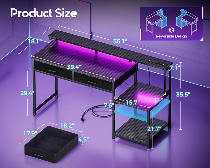 ODK Gaming Desk with Led Lights &amp Power Outlet 55 Inch Computer Desk with Drawers Office Desk with Large Display Storage Shelves Reversible Desk with Monitor Stand for Home Carbon Fiber Black