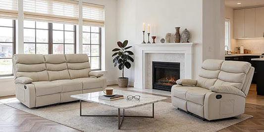 Reclining Couch Sofa Set Leather Recliner Couch Sofa and Loveseat Sets for Living Room RV Theater Seating(3 Seat Sofa+LoveseatBeige)
