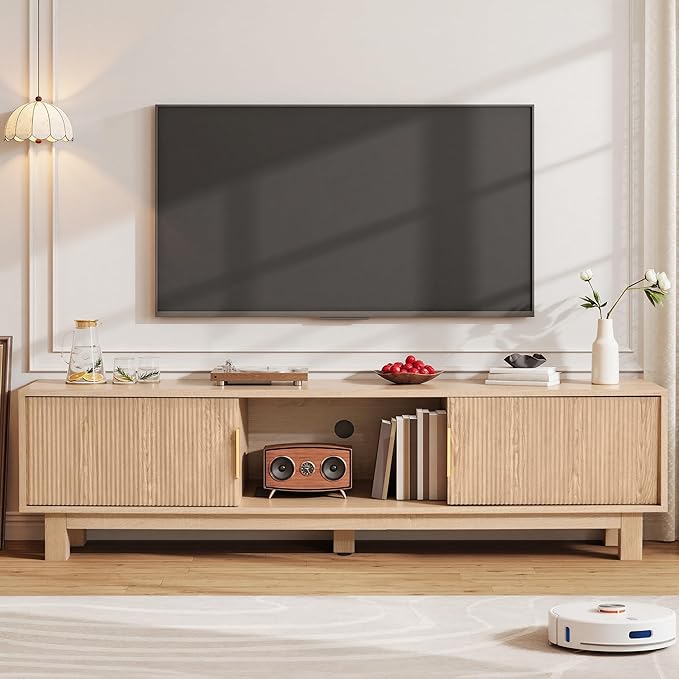 YITAHOME Fluted TV Stands for TVs up to 65 Inches Entertainment Center with Power Outlets &amp Storage Compartments 59 Long Wooden TV Console for Living Room (Natural 59)