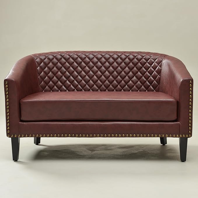 KINWELL 50 Faux Leather Upholstered Loveseat Sofa with 2 Swivel Barrel Accent Chairs Minimalist Comfy 2-Seater Couch and Armchair for Small Spaces Apartment Red