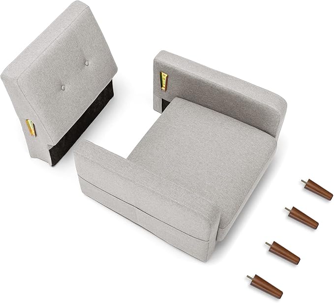 Mellow ADAIR Mid-Century Modern Armchair with Armrest Pockets Tufted Linen Fabric Light Grey