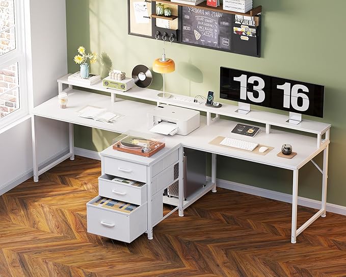 Casaottima 94 Inch 2 Person Home Office Computer Desk with Power Outlet Fabric Drawers &amp File Cabinet Long Writing Desk with Monitor Stand Storage Shelves Study/Work Table White