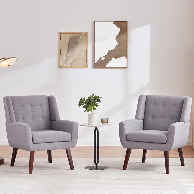 HUIMO Accent Chair Set of 2 Arm Chair Button Tufted Upholstered Reading Chair Linen Fabric Mid Century Modern Chairs for Bedroom Living Room Chair(2Light Grey)