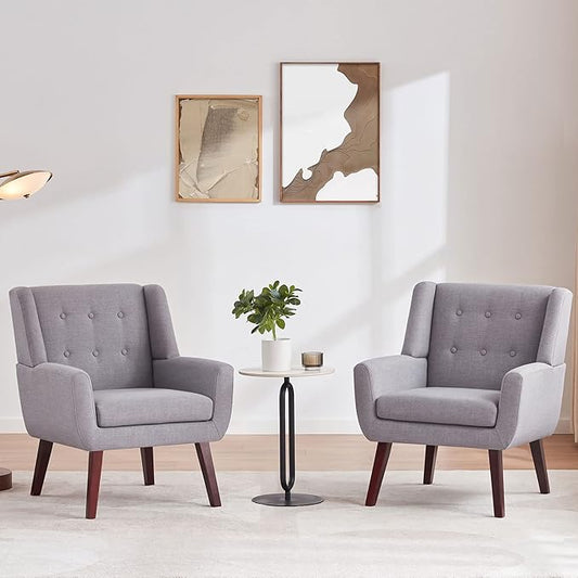 HUIMO Accent Chair Set of 2 Arm Chair Button Tufted Upholstered Reading Chair Linen Fabric Mid Century Modern Chairs for Bedroom Living Room Chair(2Light Grey)