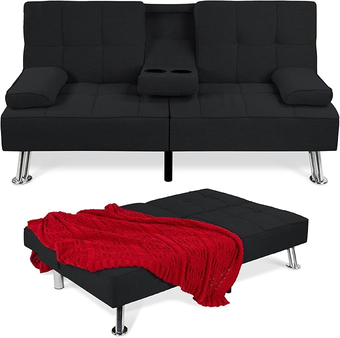Best Choice Products Linen Modern Folding Futon Reclining Sofa Bed for Apartment Dorm w/Removable Armrests 2 Cupholders - Black