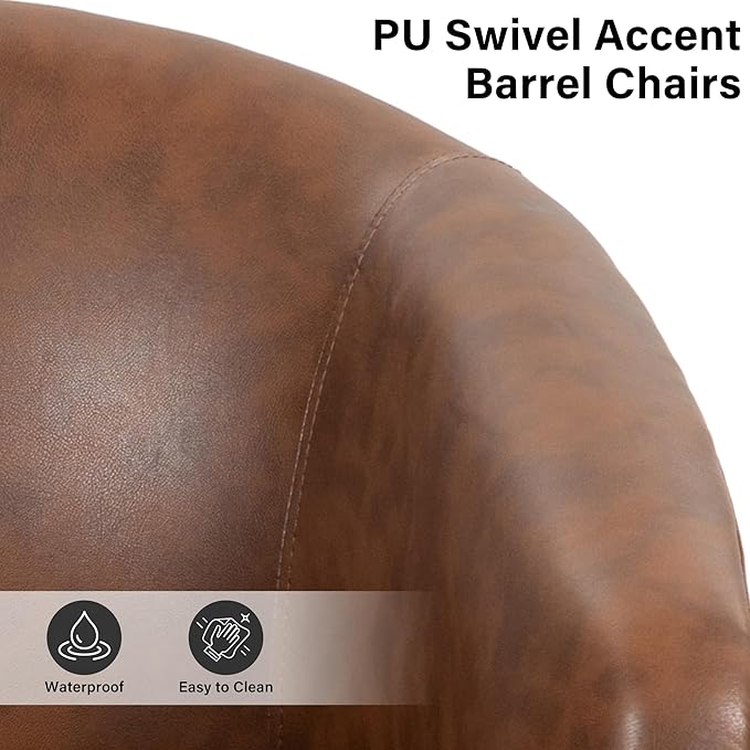 Lumibee Faux Leather Swivel Barrel Chairs Set of 2 Upholstered Comfy Round Swivel Accent Chair 360° Rotation Single Sofa Club Armchair for Living Room Reading Room Bedroom Coffee