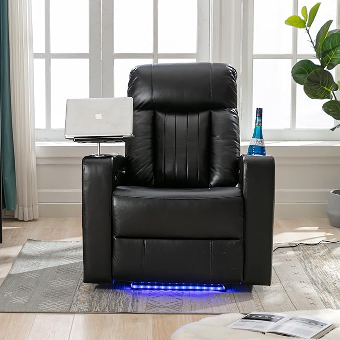 Black Power Recliner Chair with Cupholders &amp Storage - Armchair Electric Reclining with USB Port 360° Swivel Tray Table Cell Phone Stand Ambient Lighting Leather Living Room Chair for Home The