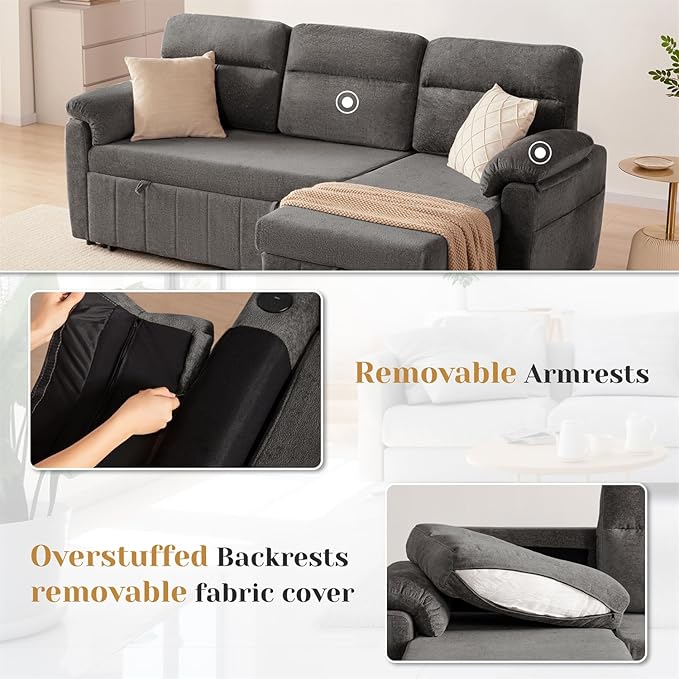 Tbfit 84’’ Queen Sleeper Sofa Couch with Pullout Bed 3 in 1 Cloud Sofa Bed Couch with Storage Chaise &amp USB Chenille Convertible Sleeper Sofa Pull Out Sofas for Living Room Small Spaces Dark G