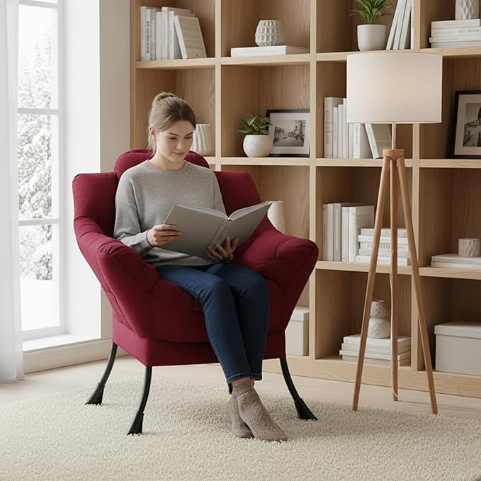 Welnow Lazy Chair for Living Room Modern Reading Accent Chair with Armrests and a Side Pocket Leisure Upholstered Lazy Sofa for Small Space Bedroom Dorm Burgundy
