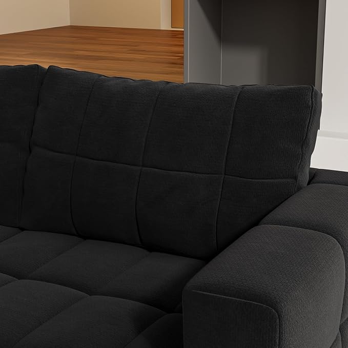 81.89 Sofa Comfy 3 Seat Sofa Tufted Chenille Upholstered Sofa Couch for Living Room with Gold Metal Legs and 2 Throw Pillows (Black+1.5S+1.5S)