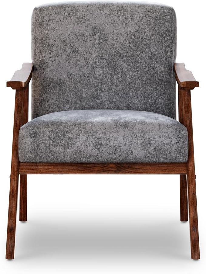 Mid Century Accent Chair Boho Farmhouse Accent Chairs for Living Room Retro Single Lounge Reading Armchair with Solid Wood Frame (Polyester Fabric in Grey)