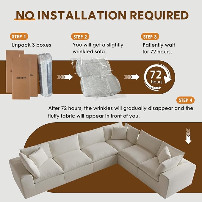 130 Oversized Boneless Cloud Couch Modular Sectional Couches for Living Room U-Shaped with Deep Seats No Assembly Required 6-Seater Washable Fabric Sleeper Sofa White