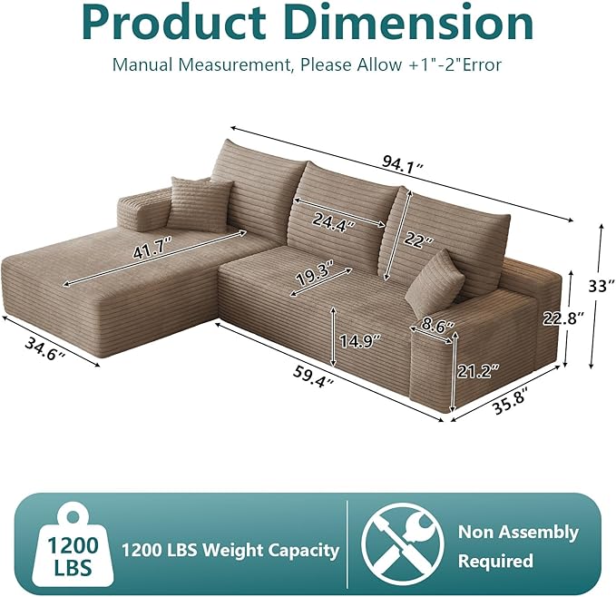 95 Modular Sectional Couch Boneless L Shaped Cloud Sofa with Chaise Lounge Corduroy Upholstered Couches Memory Foam Deep Seat No Assembly Required Ideal for Living Room(Camel Left Facing)