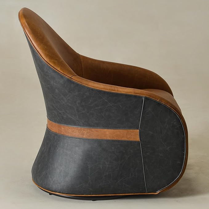 Two-Tone Leather Swivel Barrel Chair Accent Chair with Solid Wood Frame No Assembly for Living Room or Office (Brown)