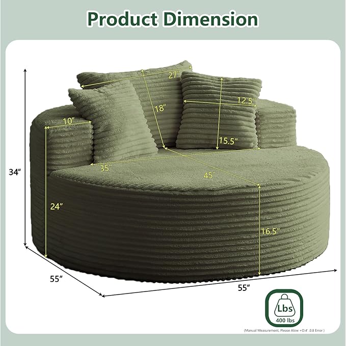 55''L Oversized Round Chaise Longue Chair Indoor Corduroy Sponge Single Sofa Oversized Round Chairs Modern Sleeper Chair for Living RoomProjection Room Wide Armrest Chairs Green