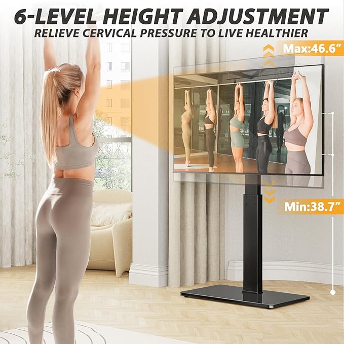 TAVR Universal Floor TV Stand Base for 32-75 Inch TVs up to 110 Lbs with Swivel Height Adjustable Mount Black Tempered Glass Base for Media Storage and Space Saving