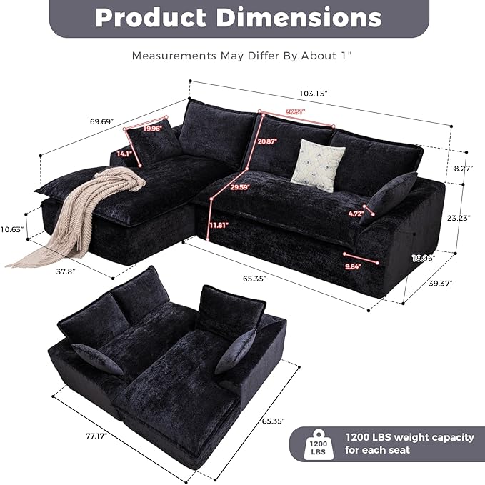 Cloud Sectional Couch103''Boneless Sofa for Living RoomModular Sectional Sofa with L-Shaped Chaise Deep Seat Sofas No Assembly Required(Black Left Facing Chaise)