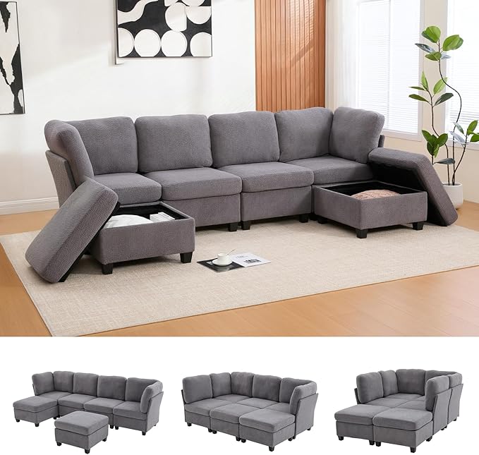 113.39 Modular Sectional Sofa 6 Seaters Sectional Sleeper Sofa U Shaped Couch Comfy Convertible Couches with Ottomans Oversized Modular Sofa with Large Storage for Living Room (Grey)