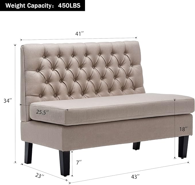 Andeworld Modern Loveseat Settee Button Tufted Sofa Couch Upholstered Banquette Dining Bench High Back Living Room FunitureKhaki