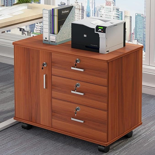 3-Drawer Metal File Cabinet Storage Filing Cabinets and 2 Lockable Casters Large Storage Printer Stand fits A4 or Letter Size Under Desk Organizer for Home Office School(Color:Red Chestnut)