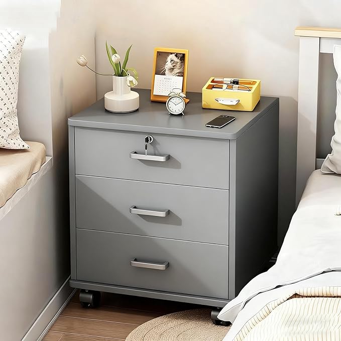 Mobile 3-Drawer File Cabinet White/Black Filing Cabinet with Lock Wood Vertical Filing Storage Cabinet Office Home 14.5x13.4x23.2IN Under Desk File Cabinet Legal/Letter File Folders(Gray)