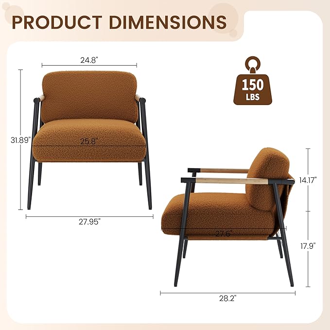 GarveeHome Comfy Chair Modern Accent Chair with Metal Frame Cozy Reading Chair with Soft Cushion &amp Wood Armrest for Bedroom Living Room Brown