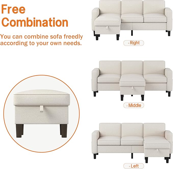 Sectional and Sofa Couches for Living Room Living Room Furniture 3 Seats Sofas with Movable Storage Function Ottoman Small Sofas for Bedroom Apartment or Office