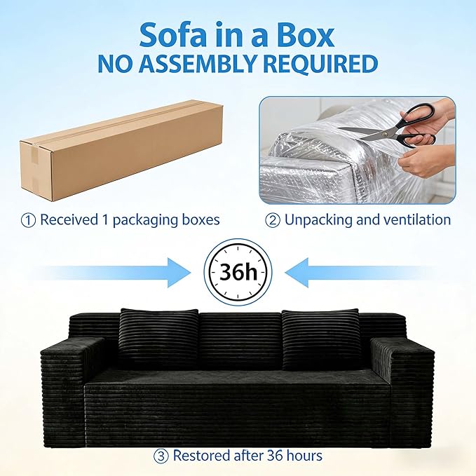 71 Small Boneless Couch Corduroy 3 Seater Couch for Living Room with 3 Pillows &amp Armrests Deep Seat Sofa for Small Spaces Apartment﻿ (Antique Black) | Small Boneless Couch