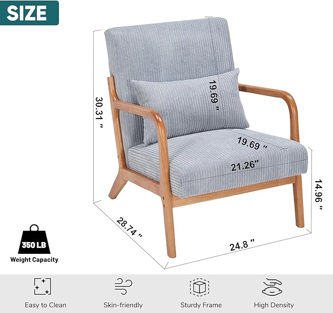 JOYBASE Mid Century Modern Accent Chair Lounge Reading Armchair with Wood Frame for Living Room Office Bedroom (Polyester Fabric Light Grey)