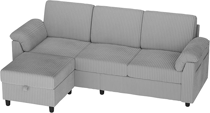 Vongrasig 79 Convertible Sectional Couch Sofa with Storage Ottoman 3 Seat L Shaped Couch with Side Storage Pockage Small Couches for Living Room Apartment and Small Space (Light Grey)