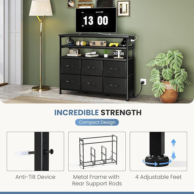 DUMOS TV Stand for Up to 45 inch TV Wood Top TV Media Console Table with 6 Fabric Drawers 2 Shelves Entertainment Center with LED Lights &amp Charging Station for Living Room Hallway Black
