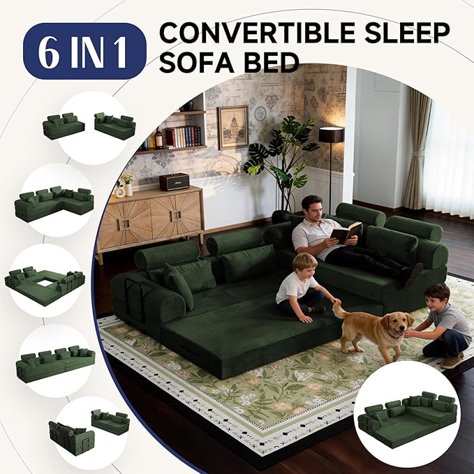 106” Cloud Sectional Couch L-Shaped Sofa with Right Facing Chaise Corduroy Boneless Couches Compressed Modular Sectional Sofa with Deep Seat High Backrest Headrest (Green)
