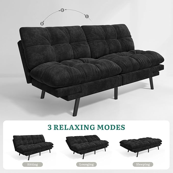 DWVO Sofa Bed with 3-Position Adjustable Backrest &amp Armrests Upholstered Loveseat Couch Bed Expandable Foldable Design for Living Room Bedroom Black